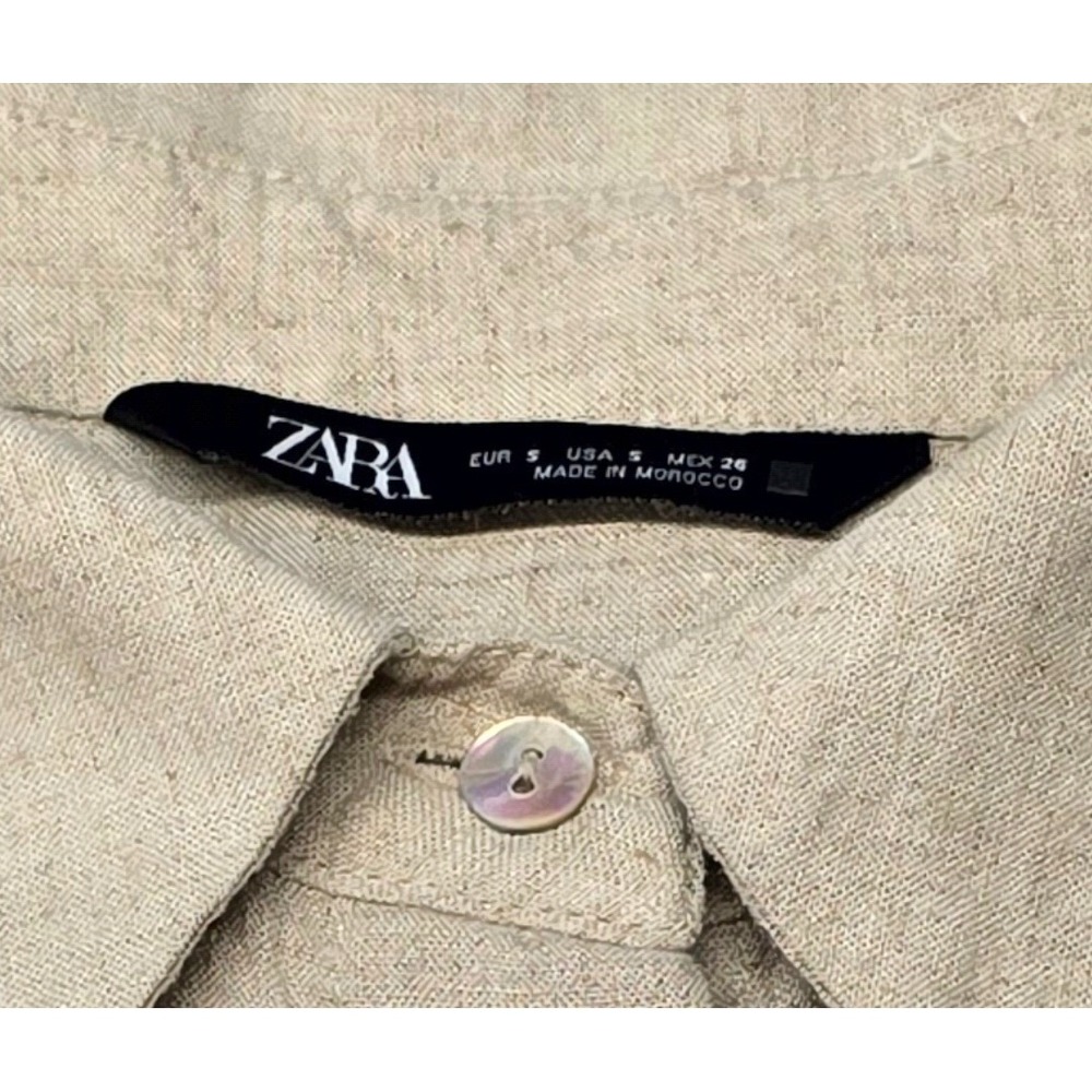 ZARA Linen Blend Short Sleeve Button Up Shirt Beige Cream Womens Small L Utility - Picture 15 of 15